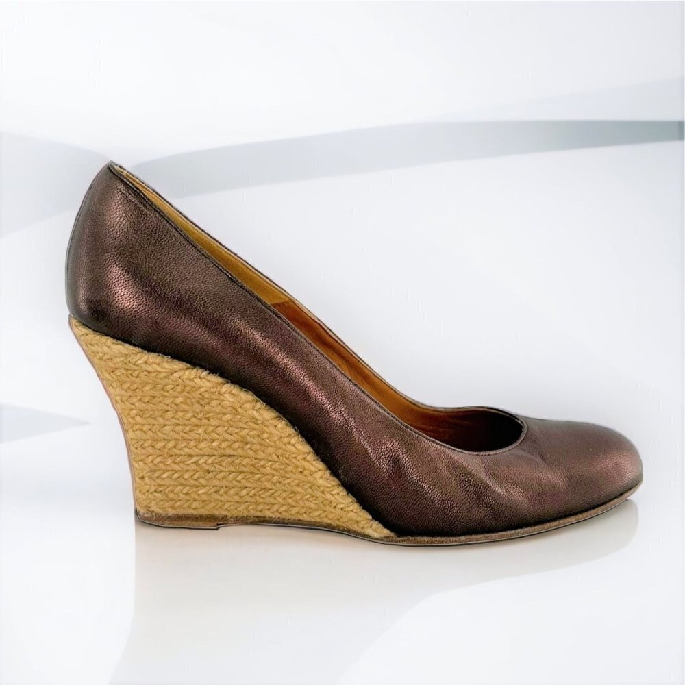 LANVIN Bronze Metallic Brown Leather Espadrille Wedge Heels Size 39